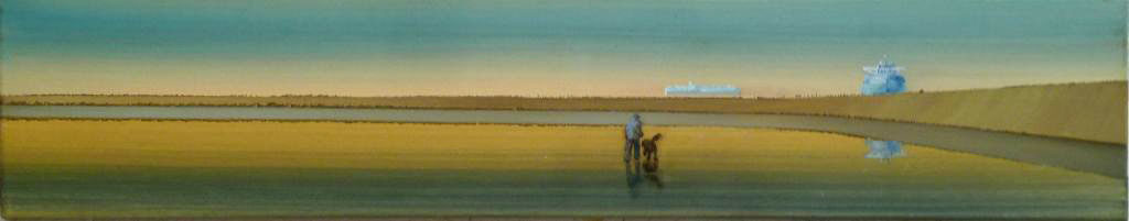 Bild von Mann mit Hund hinterm Deich mit zwei Containerschiffen